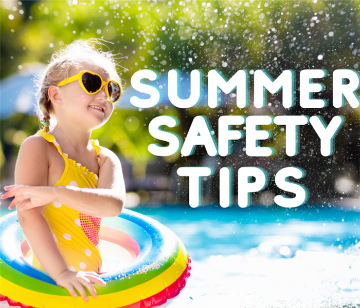 little girl in pool float with summer safety tips written 