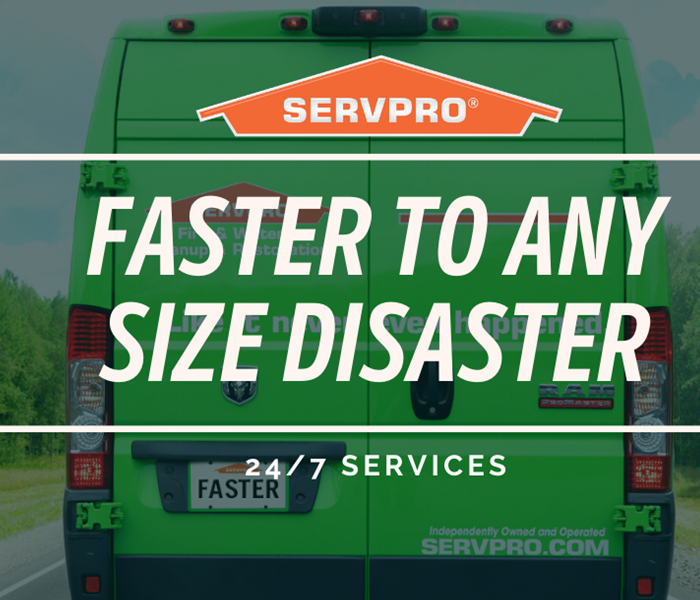 "faster to any size disaster" typography over SERVPRO van