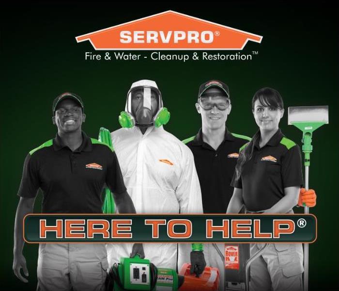 Four SERVPRO Employees with quote "here to help" and SERVPRO Logo